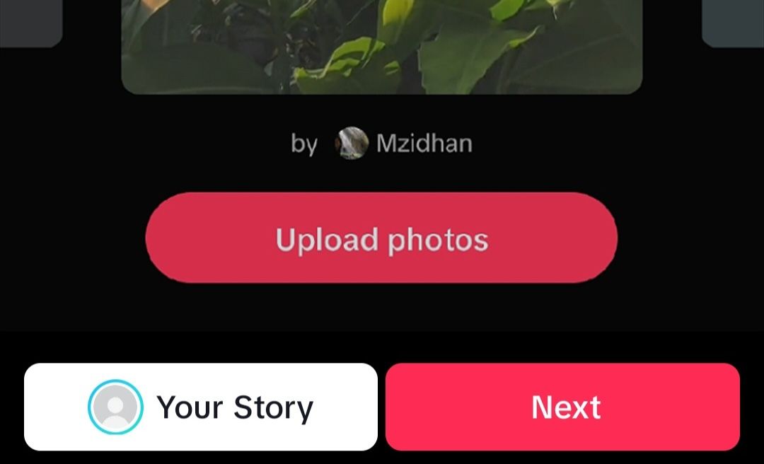 TikTok slideshow upload screen, with a red “Upload photos” button and “Your Story” option displayed.