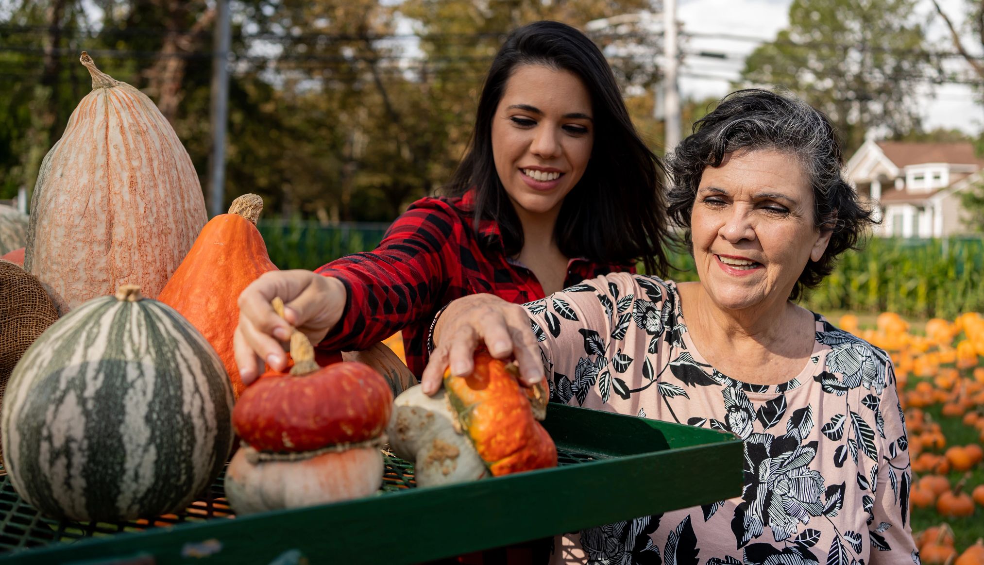 mother and daughter picking pumpkins together