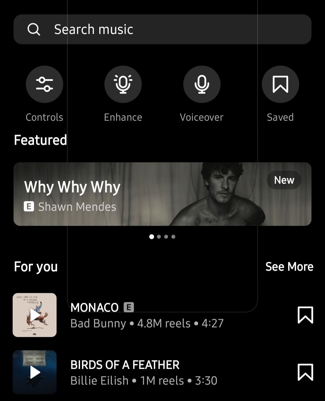 Instagram Reel music library, with track suggestions like “Why Why Why” by Shawn Mendes displayed for selection.