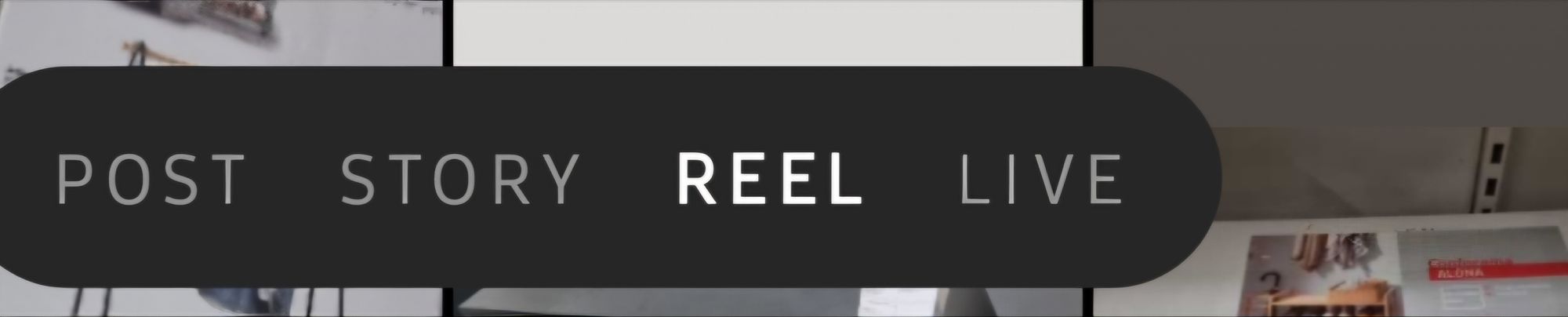 Instagram Reels creation screen, with “Reel” mode selected alongside options for Post, Story, and Live.