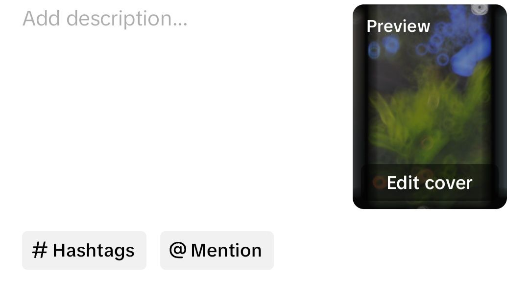 TikTok slideshow editing page, showing options to add a description, hashtags, and edit the cover preview.