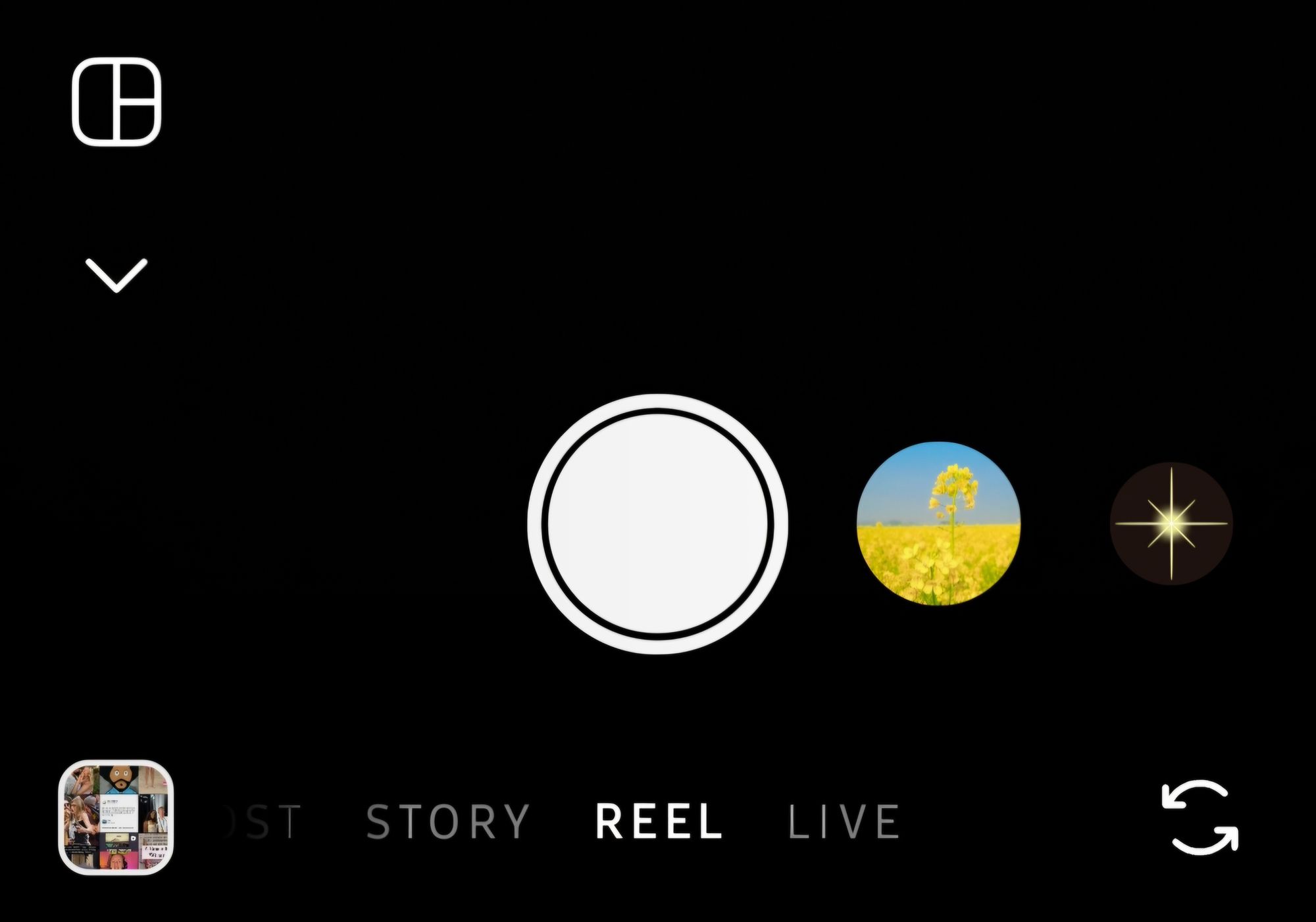 Instagram Reel recording screen, focused on the large capture button and filters for content creation.