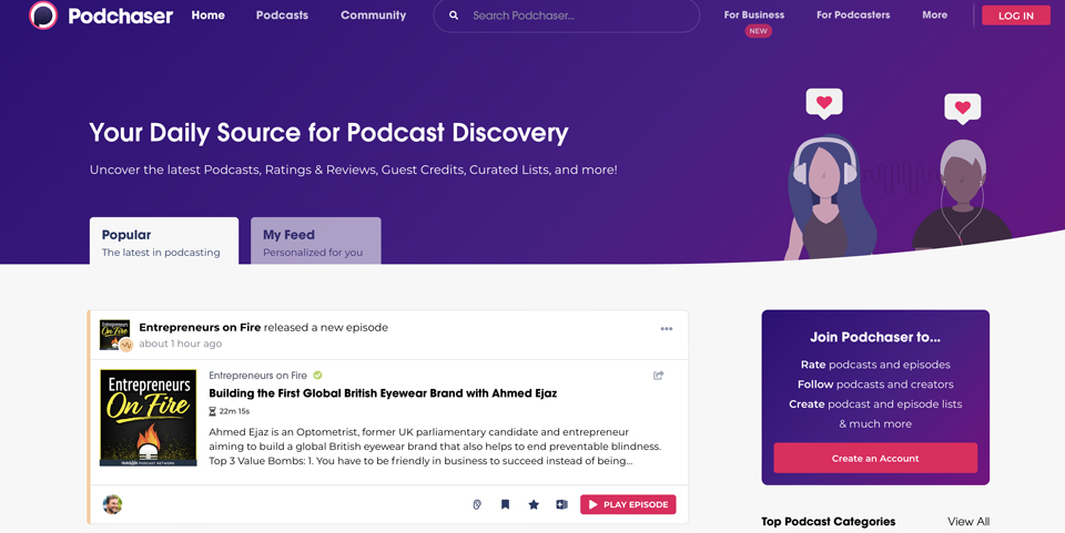 Discover new podcasts: Podchaser