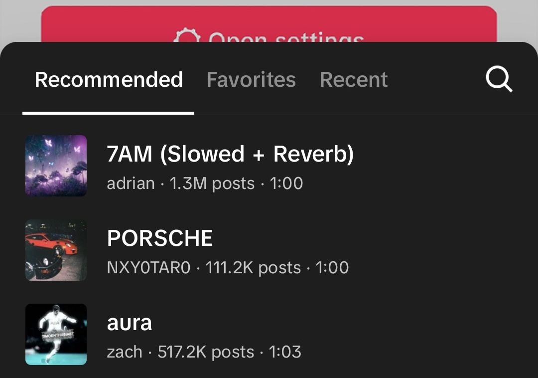 TikTok recommended music list for slideshows, featuring trending audio like “7AM (Slowed + Reverb)” with usage stats.