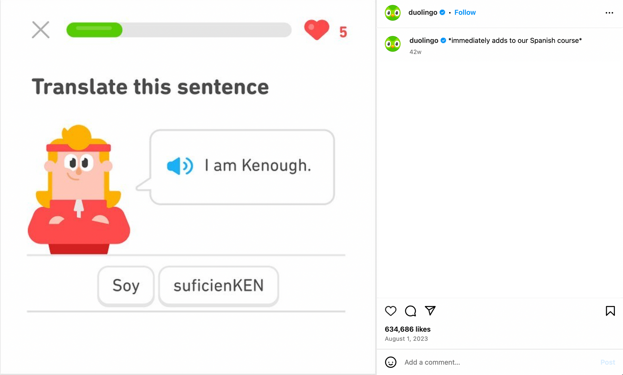 Duolingo lesson mock-up with “I am Kenough” as the sentence to translate, showcasing playful bite-sized content.