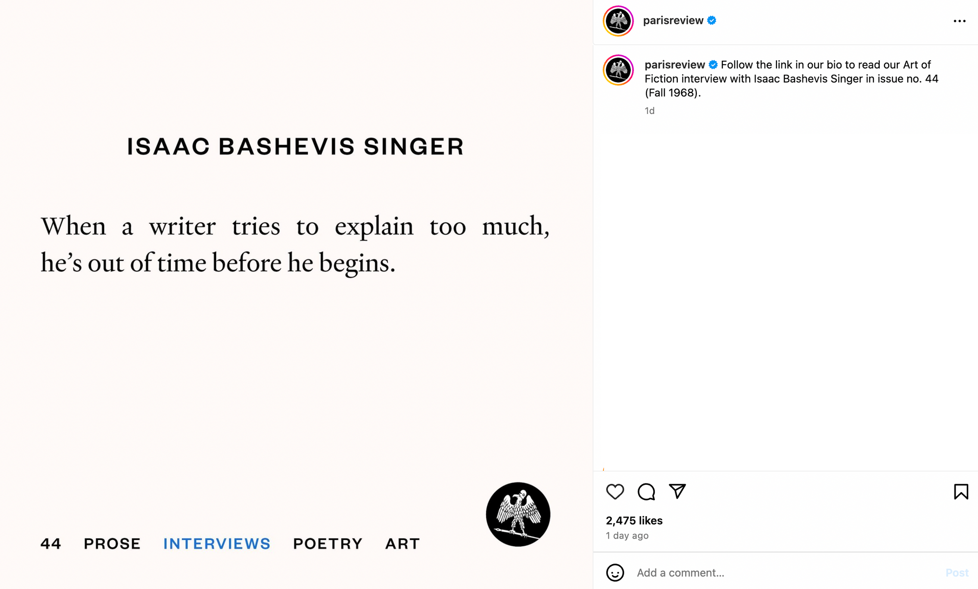 Paris Review post featuring Isaac Bashevis Singer’s quote, designed as snackable content for readers and writers.