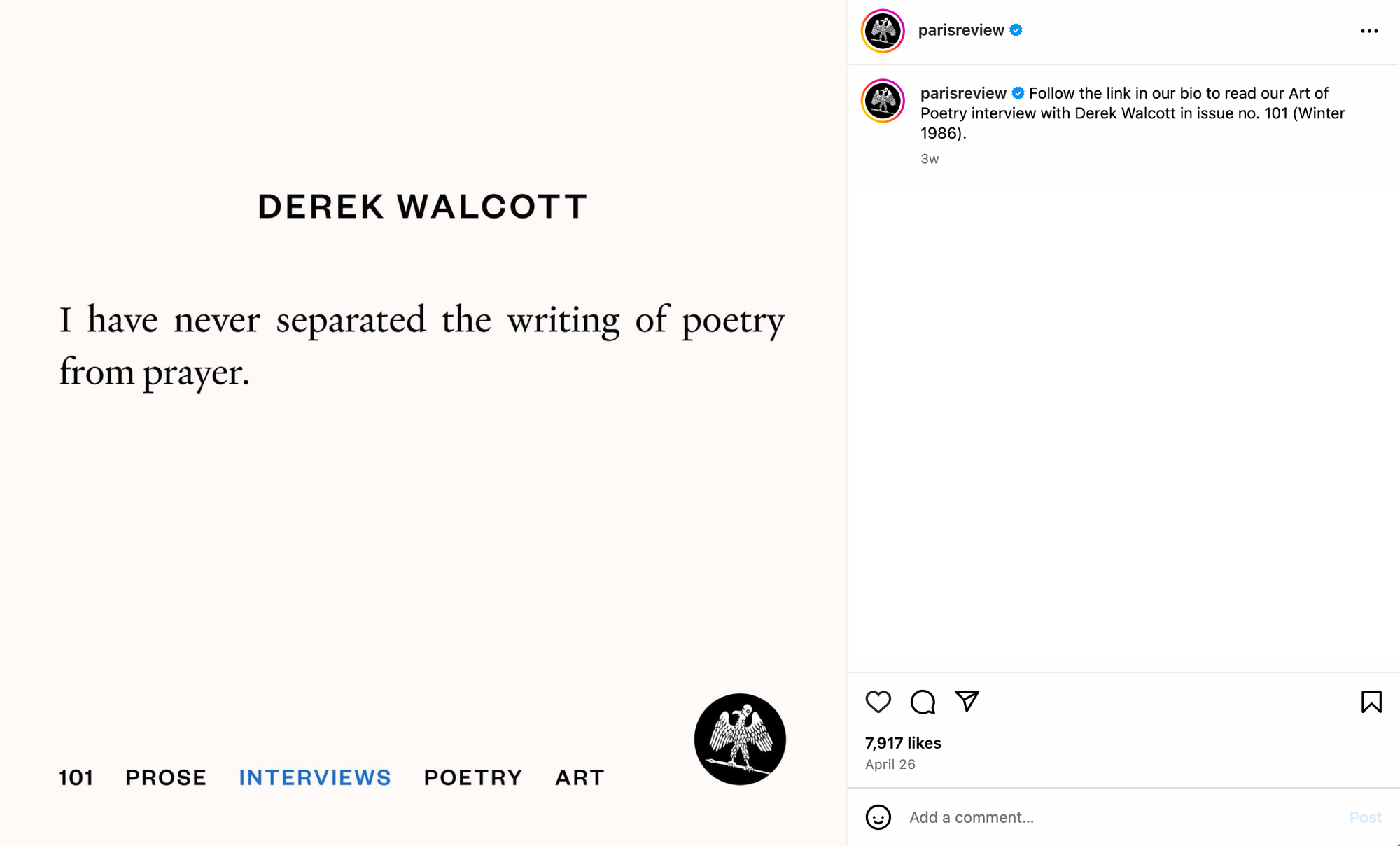 Paris Review post with Derek Walcott’s quote on poetry, crafted as simple, engaging bite-sized content.