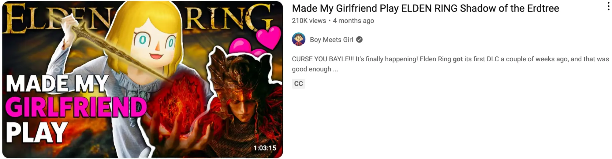 A humorous Elden Ring thumbnail featuring a cartoon character and game scenes for “Made My Girlfriend Play Elden Ring: Shadow of the Erdtree.”