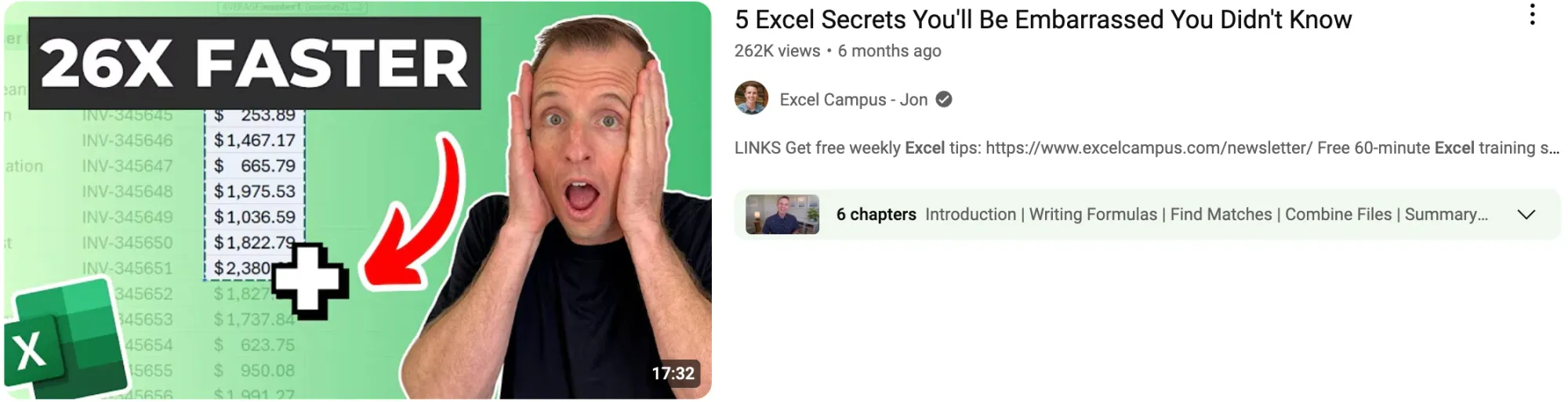 A man reacts to an Excel sheet with “26X Faster” text for a video titled “5 Excel Secrets You’ll Be Embarrassed You Didn’t Know.”