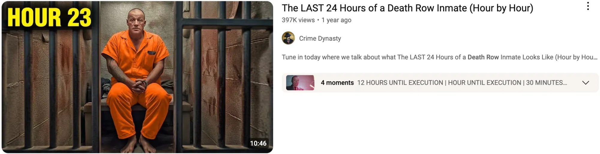 A man in an orange jumpsuit sits in a cell for a video titled “The Last 24 Hours of a Death Row Inmate (Hour by Hour).”