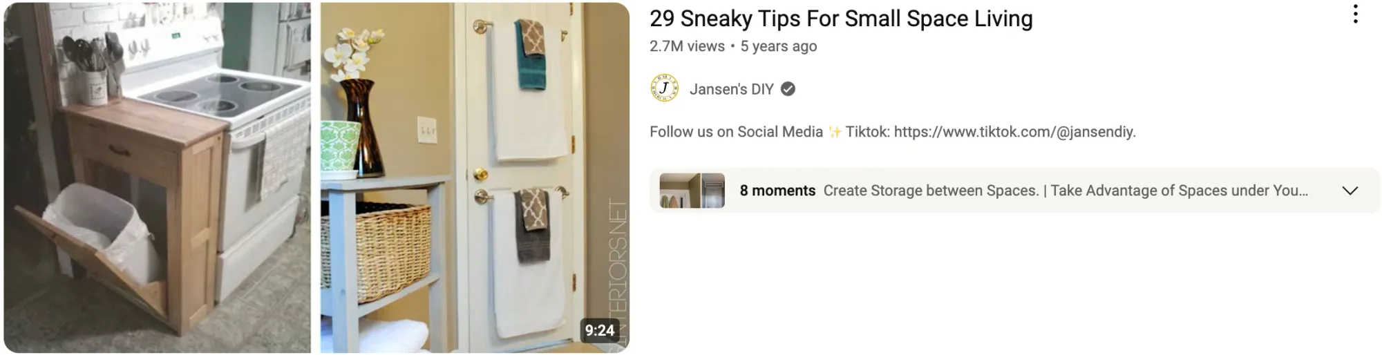 DIY storage solutions for a video titled “29 Sneaky Tips for Small Space Living.”