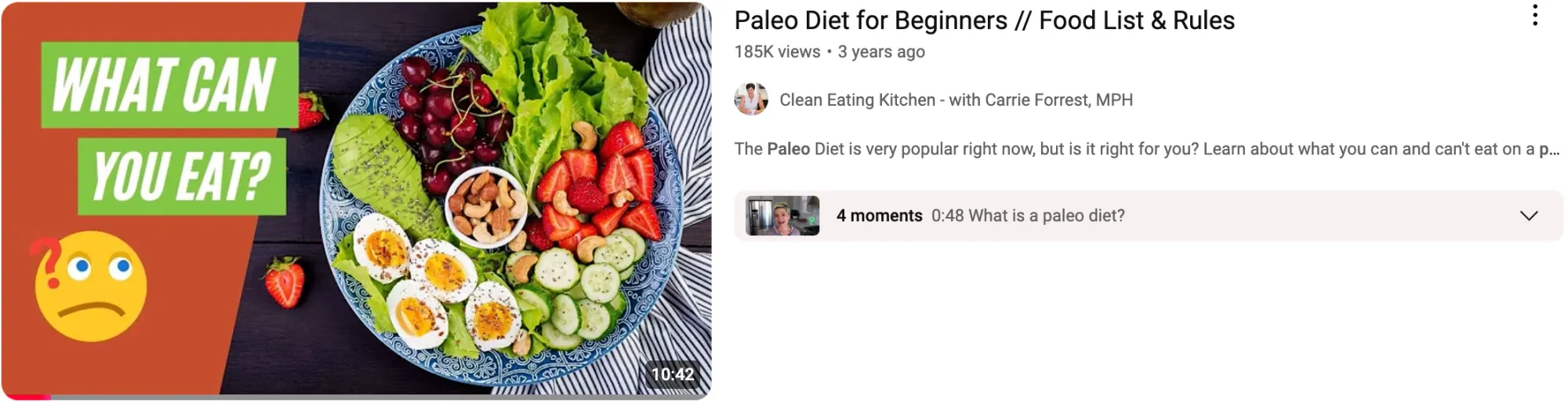 A plate of paleo food with “What Can You Eat?” text for a video titled “Paleo Diet for Beginners: Food List & Rules.”