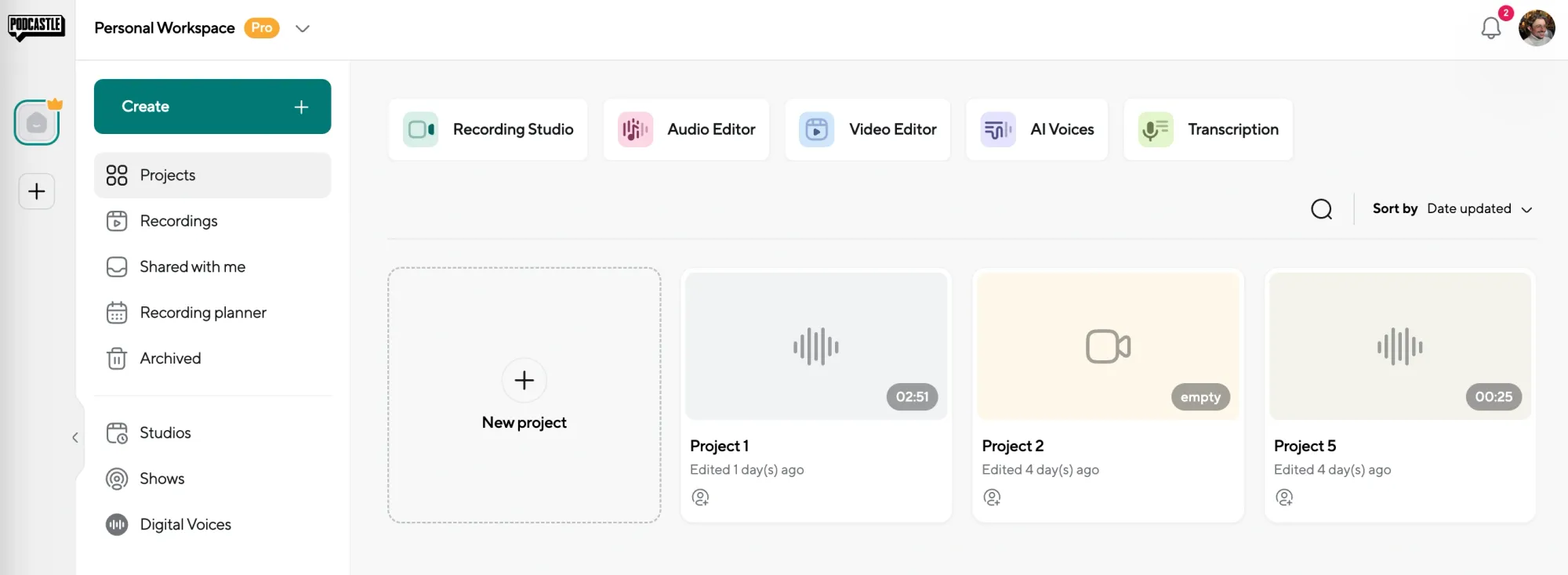 Podcastle dashboard showing the AI Voices section for voice cloning setup.