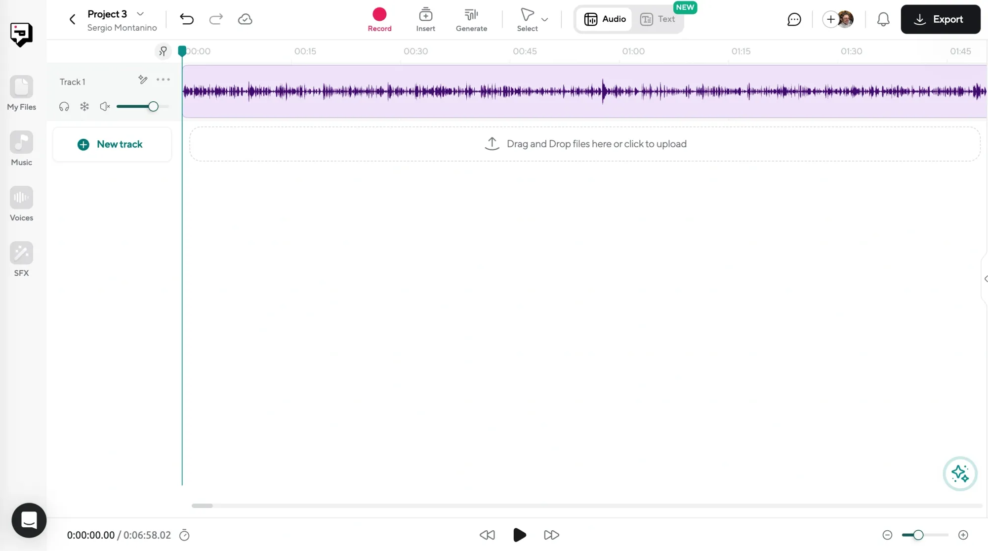 Audio editing dashboard with a waveform display and tools to transcribe or edit voice recordings into clean audio files.