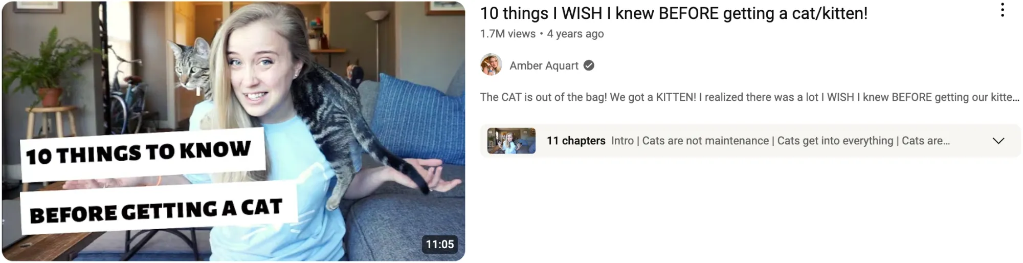 A woman with a kitten on her shoulder for a video titled “10 Things I Wish I Knew Before Getting a Cat/Kitten!”