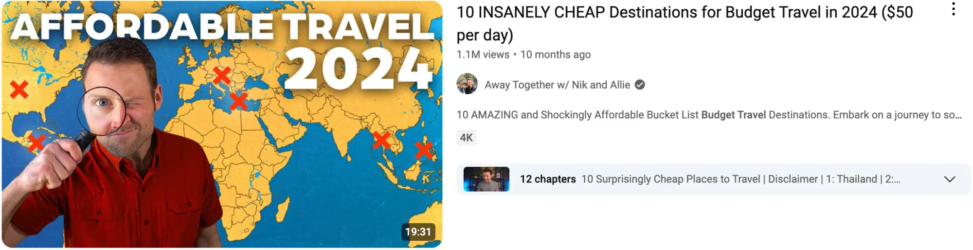 A man with a magnifying glass points to a map for a video titled “10 Insanely Cheap Destinations for Budget Travel in 2024.”