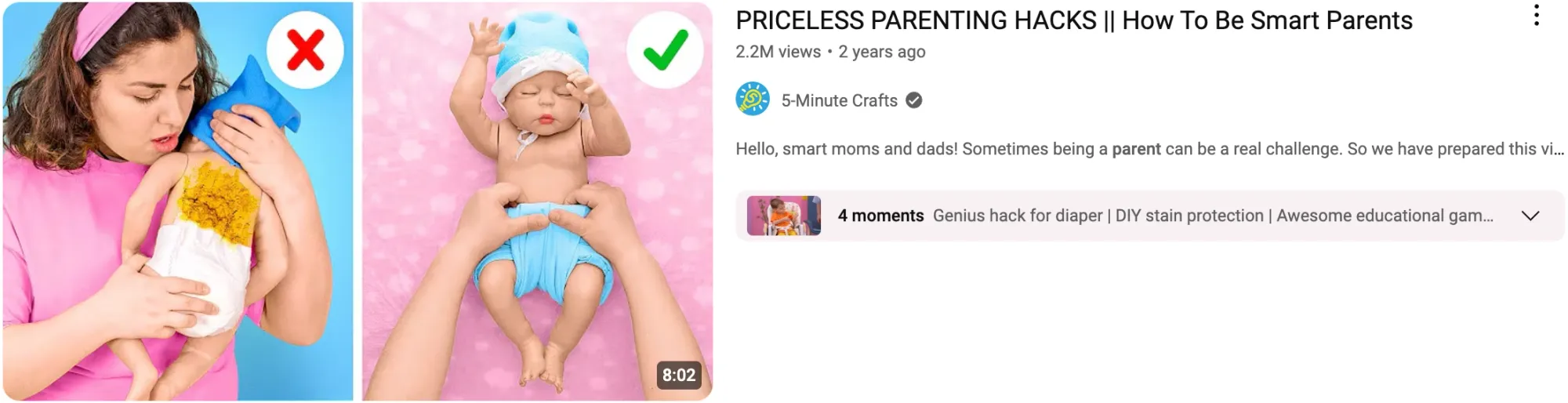 Contrasting diaper techniques shown for a video titled “Priceless Parenting Hacks: How to Be Smart Parents.”