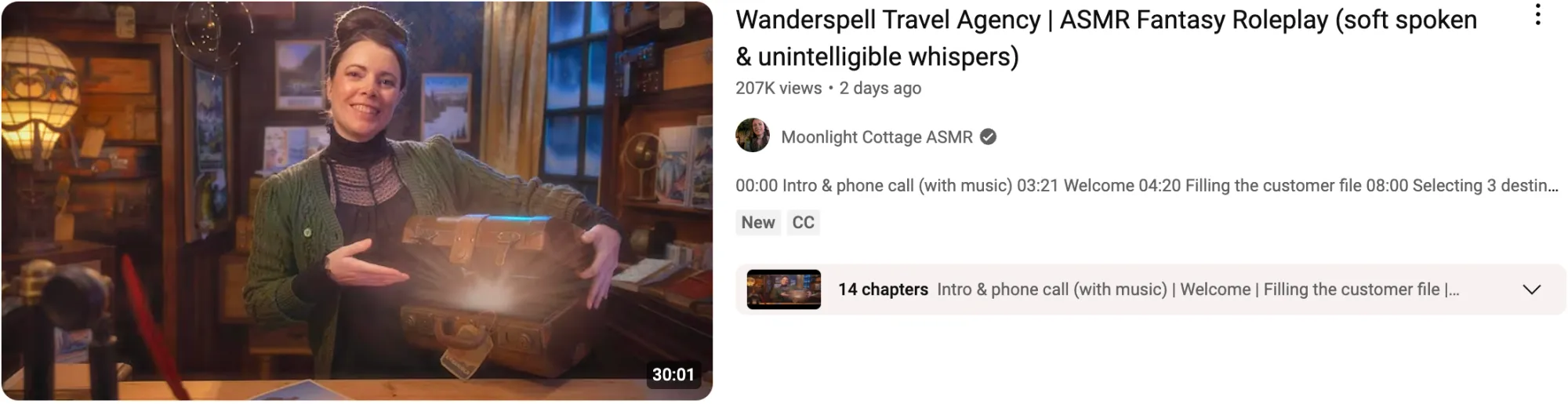 A woman with a glowing suitcase in a fantasy setting for a video titled “Wanderspell Travel Agency: ASMR Fantasy Roleplay.”