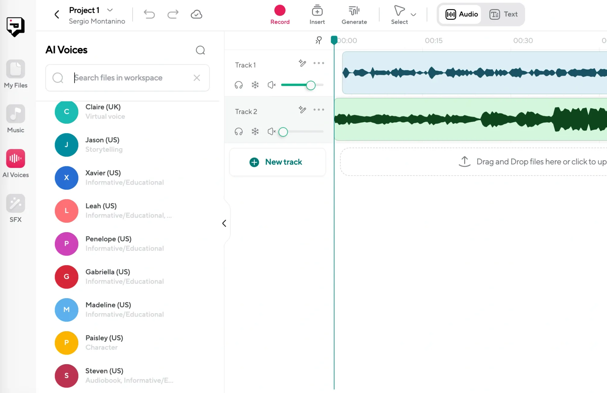 Screenshot of AI voices panel features different AI voices for narration, audiobooks, storytelling, and commercial projects