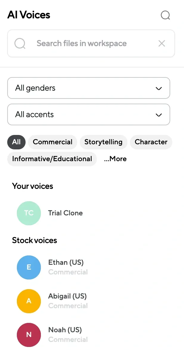 List of Podcastle AI voices, including filters for gender, accent, and voice style, with options like “Ethan” and “Abigail.