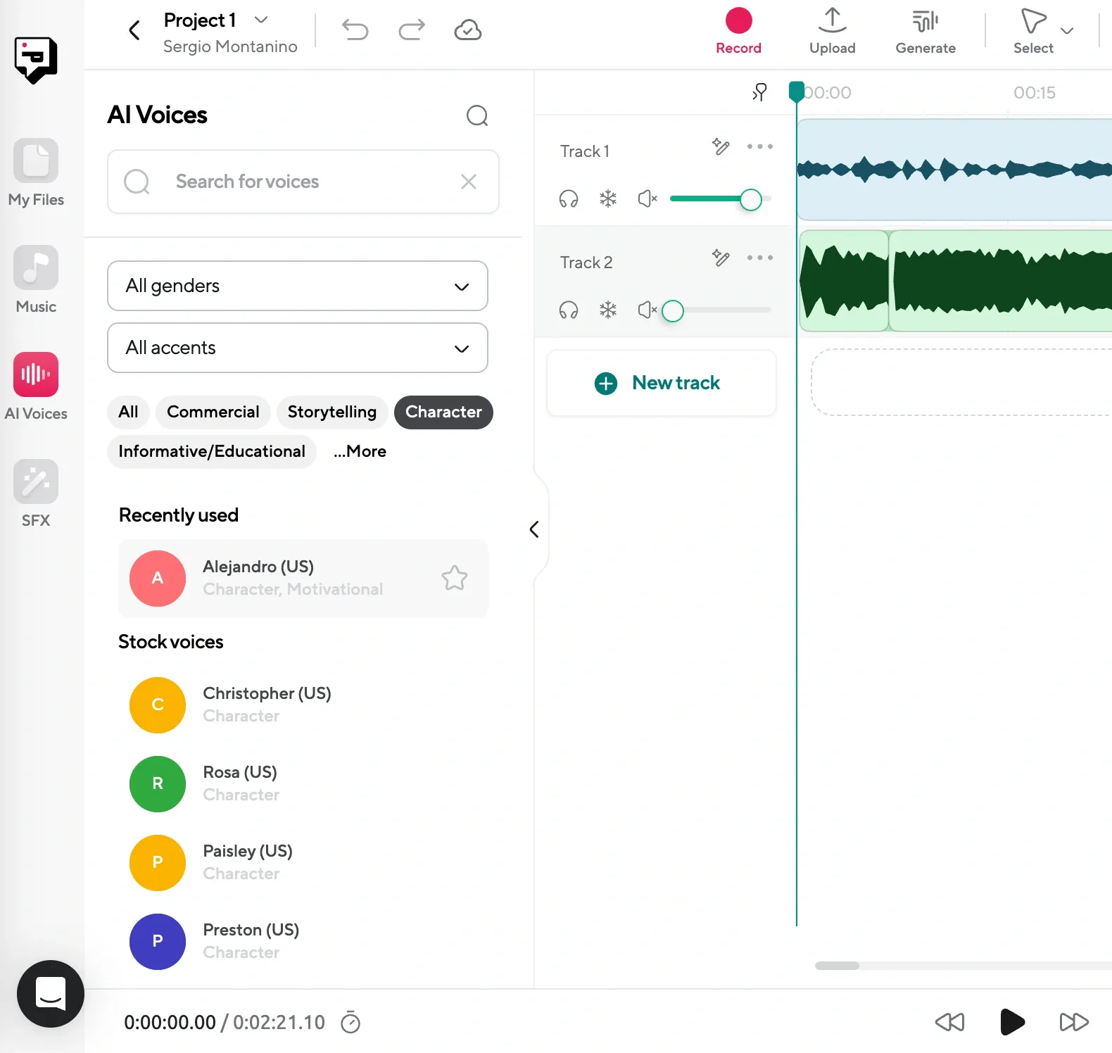 Selection screen for AI voices categorized by accents and genders.