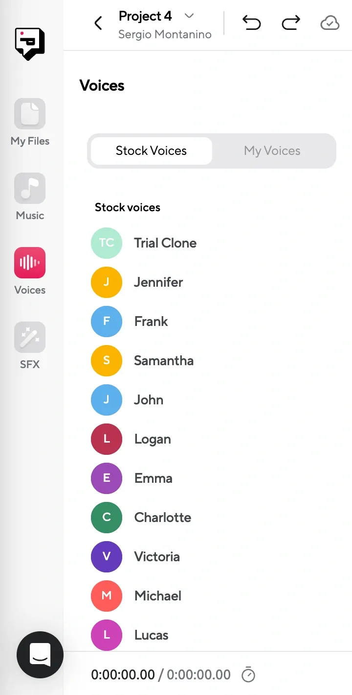 AI voice selection menu with stock voices like Jennifer, Frank, and Charlotte, allowing flexibility for projects.