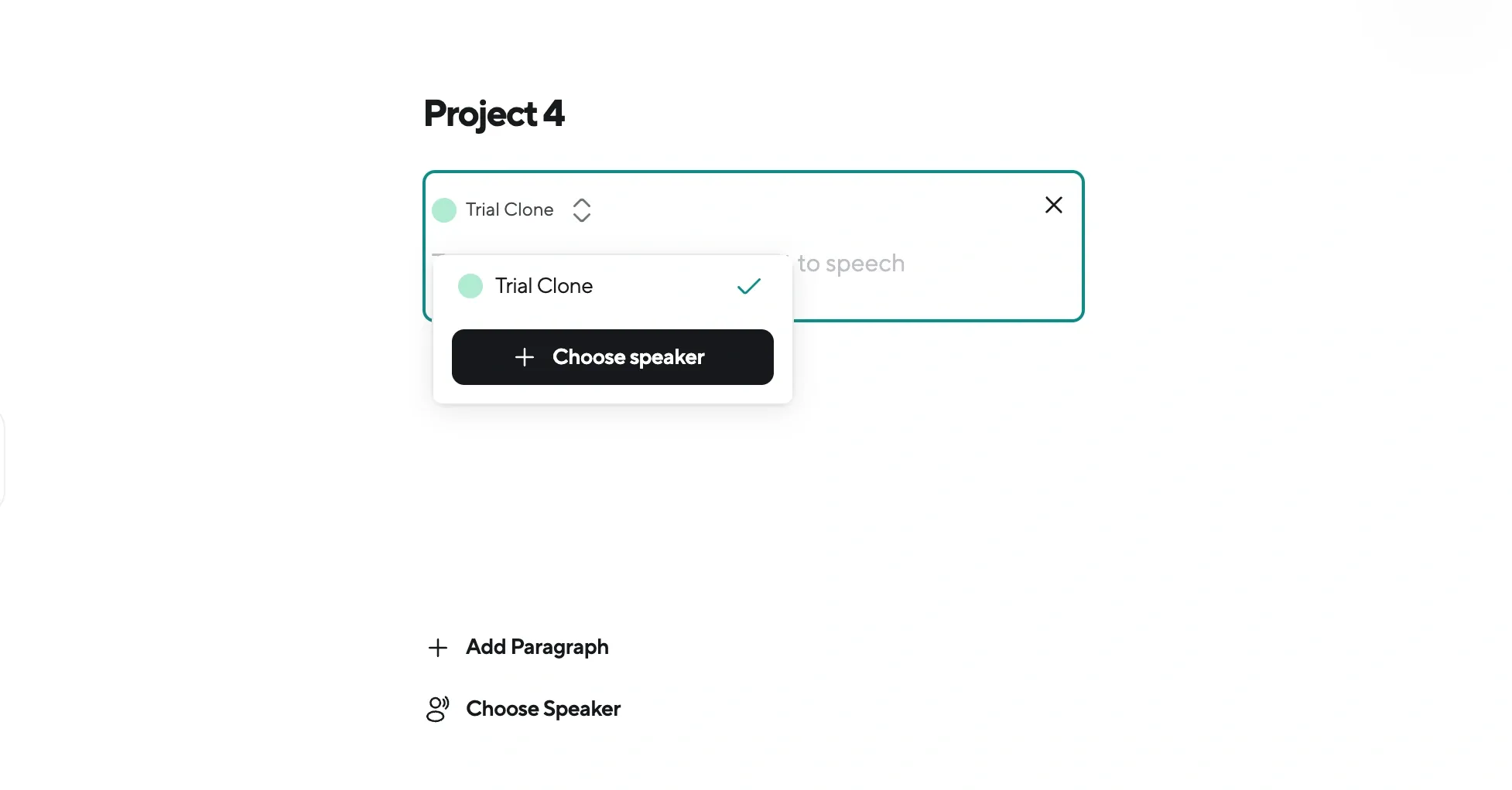 Podcastle project interface with a text-to-speech option using a voice clone