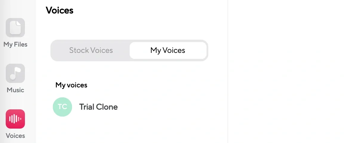 Selecting a voice clone from the My Voices menu within a Podcastle project