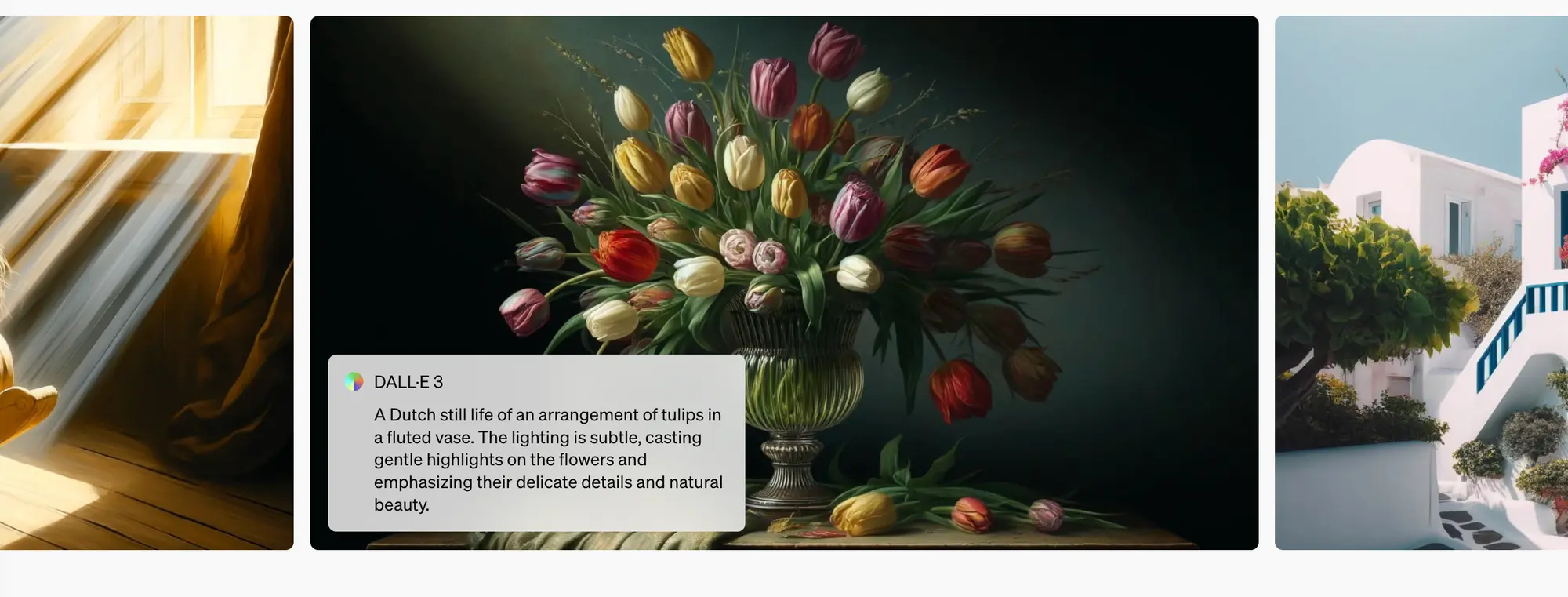 A Dutch still life of tulips generated with DALL·E 3, showcasing AI’s ability to create art with delicate lighting and natural detail