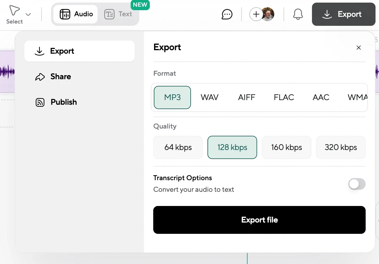 Export settings for AI voice projects with quality and format options like MP3, WAV, and a toggle to transcribe audio to text.