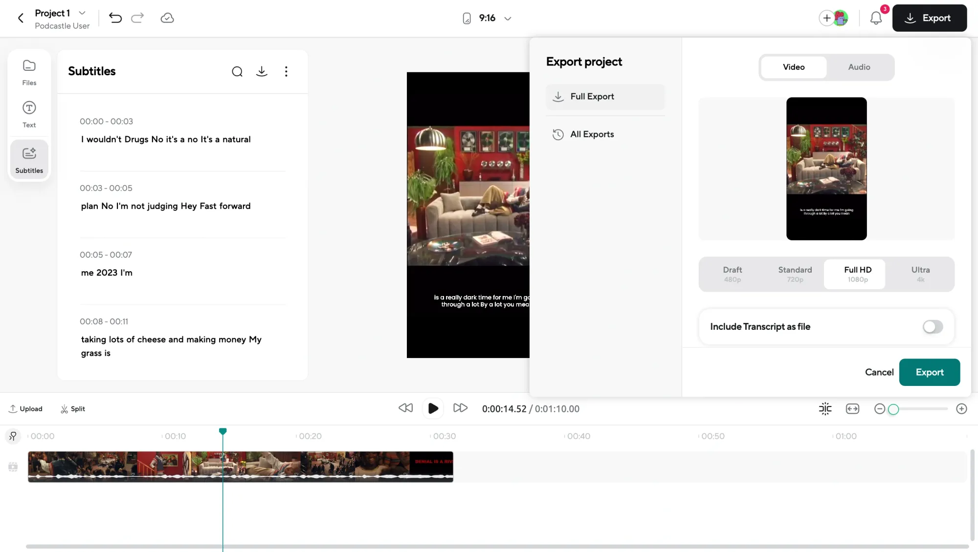 IG captions export screen offering video quality options like Full HD, and the ability to include a transcript file.