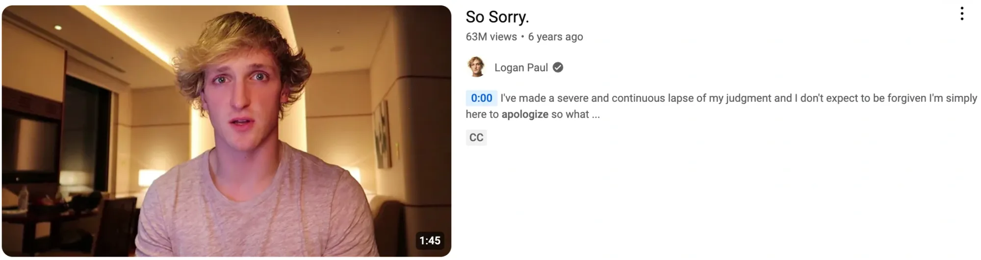 Screenshot of Logan Paul's apology video on YouTube