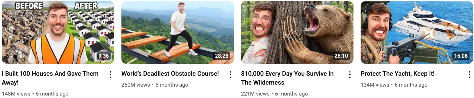 Screenshot of MrBeast giveaway videos, showing a variety of titles and thumbnails, each with a specific theme.