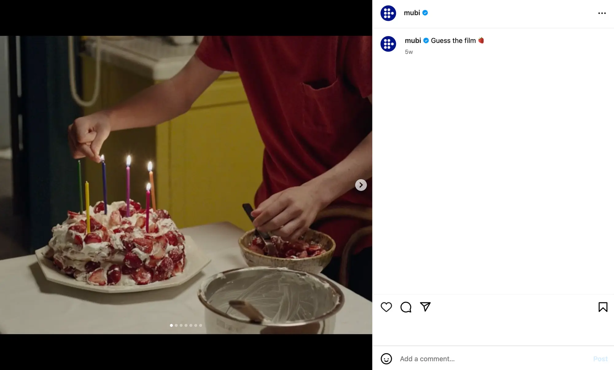 Mubi post showing a cake with lit candles and a hand serving, prompting followers to guess the film in this bite-sized content.