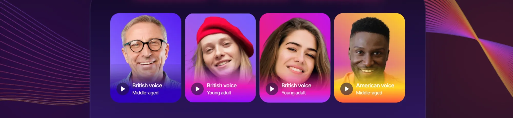 Four diverse AI voice options displayed as an ElevenLabs alternative, featuring British and American voices of varying ages