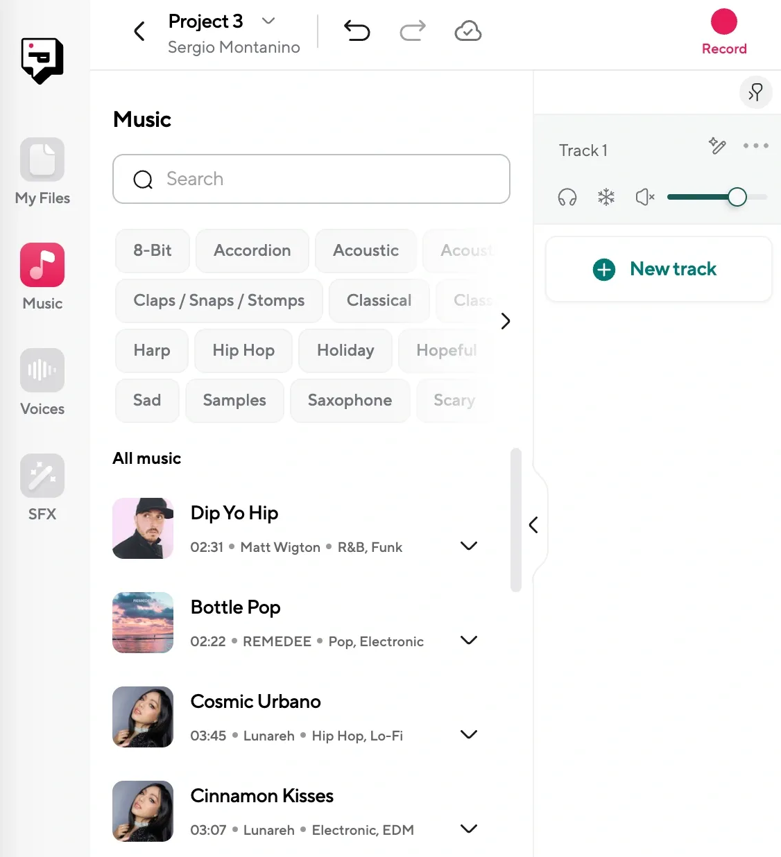 Screenshot of Music selection panel to add background music to TikTok video