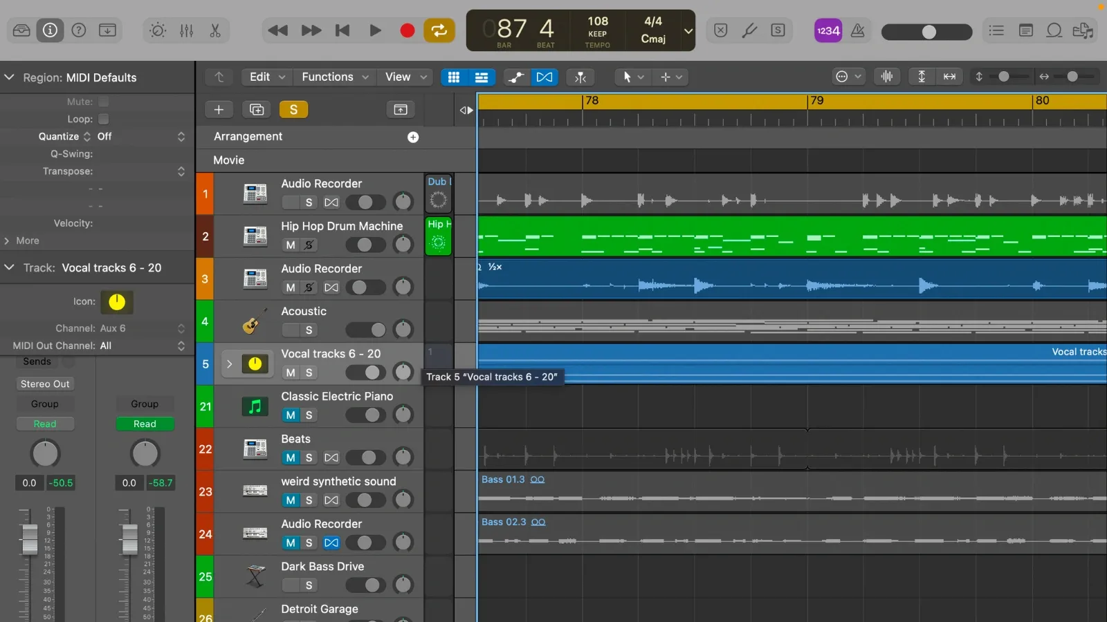 Logic Pro X session with multi-track editing, an excellent Descript alternative for music and podcast creators.