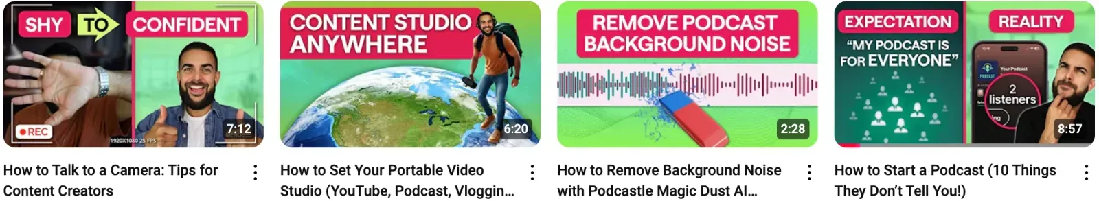 A set of YouTube video thumbnails from Podcastle, showcasing topics like camera tips, video setups, and podcast background noise removal.