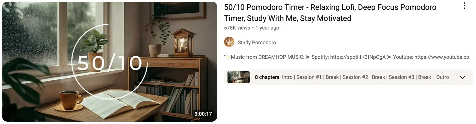 YouTube video thumbnail for a “50/10 Pomodoro Timer” video, with a cozy study room, soft lighting, and focus timer text overlay.