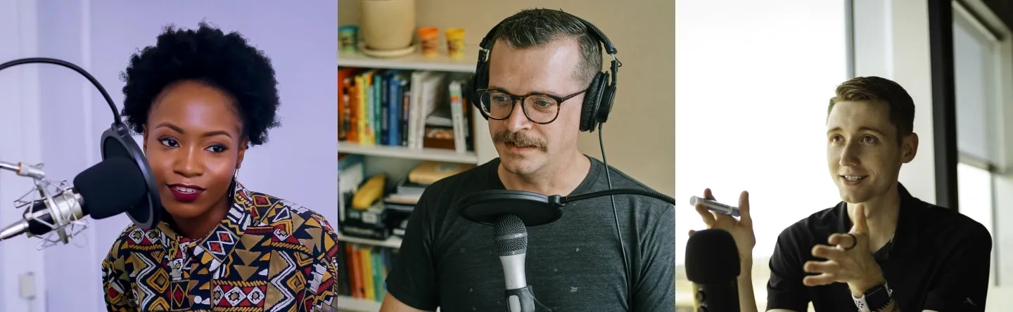 Three podcasters using microphones in a studio, showcasing a Riverside alternative for professional podcast recording