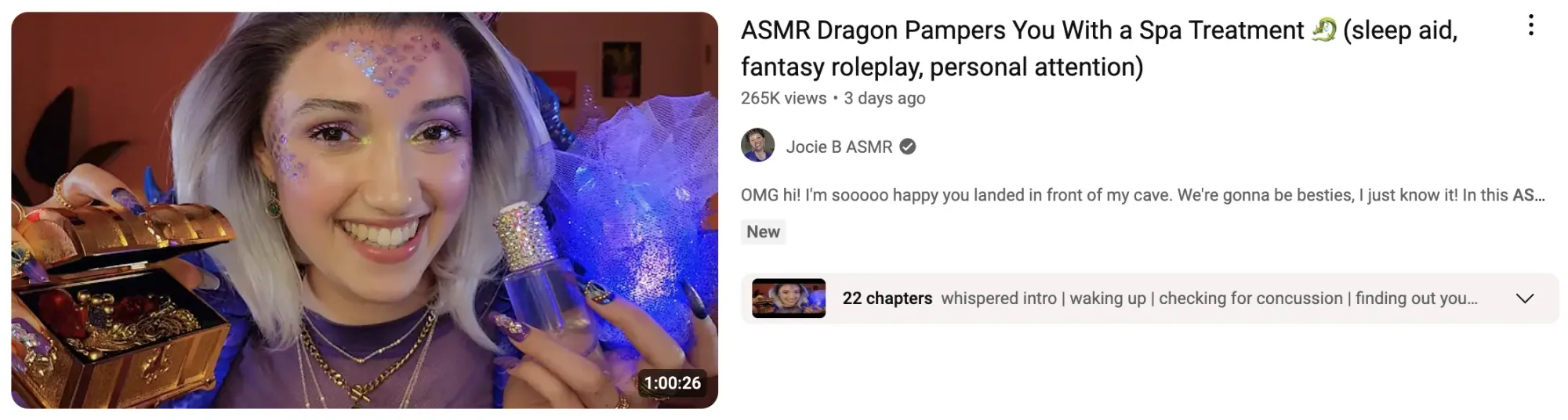 YouTube video thumbnail for a fantasy roleplay ASMR, featuring a smiling creator with vibrant lighting and whimsical spa props.