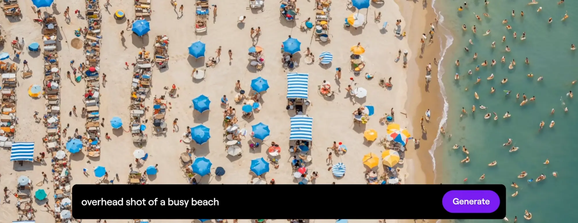 Overhead AI-generated image of a busy beach, filled with colorful umbrellas, people, and ocean waves, created with precision using AI tools.