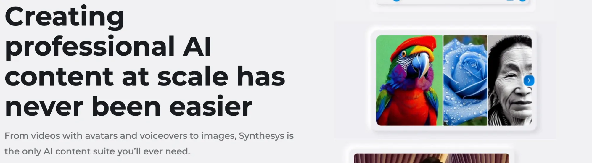 Synthesys AI platform highlighting professional AI content creation with avatars and voiceovers as an ElevenLabs alternative