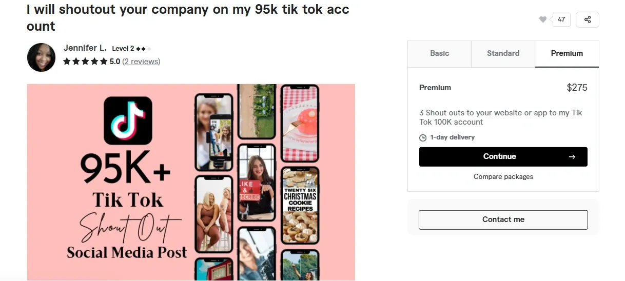 TikTok influencer promoting a paid partnership, offering shout-outs to businesses or apps with a 95K follower reach