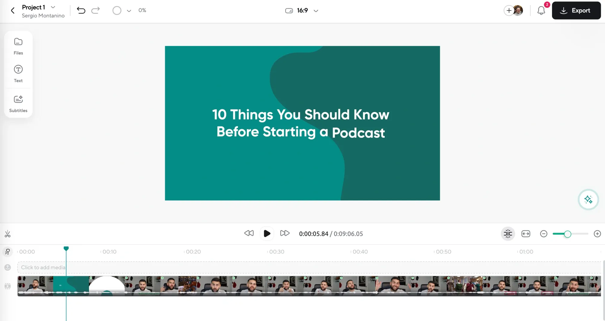 Online video editor dashboard displaying a project titled ‘10 Things You Should Know Before Starting a Podcast,’ a helpful tool for those exploring how to be a UGC content creator.