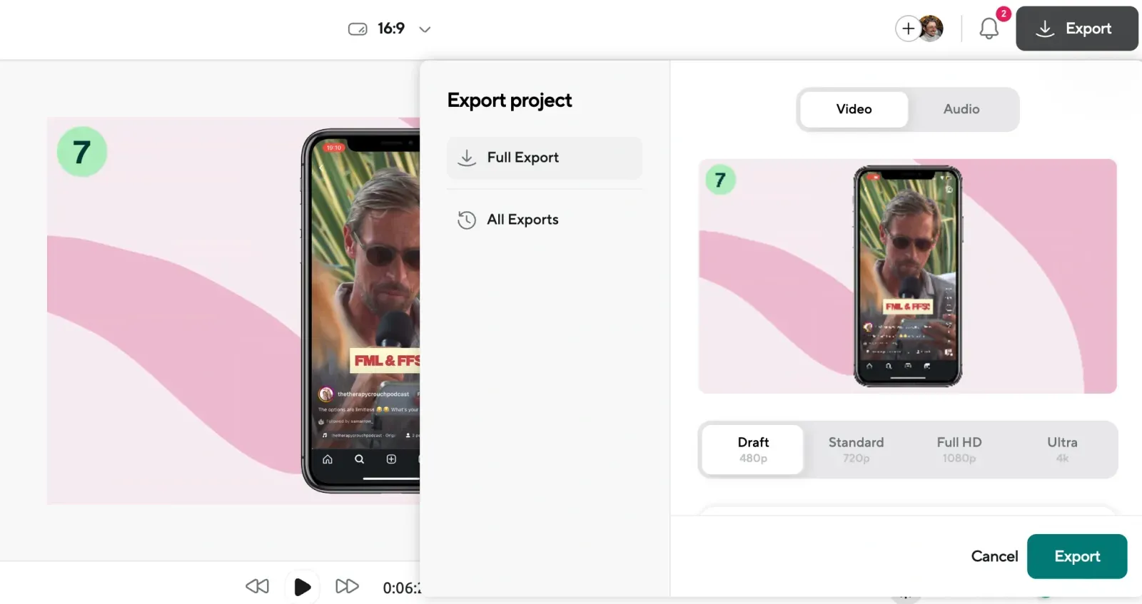 Screenshot of Podcastle’s export settings, allowing users to export TikTok videos in various formats like Ultra HD and Full HD, ready for sharing on TikTok.