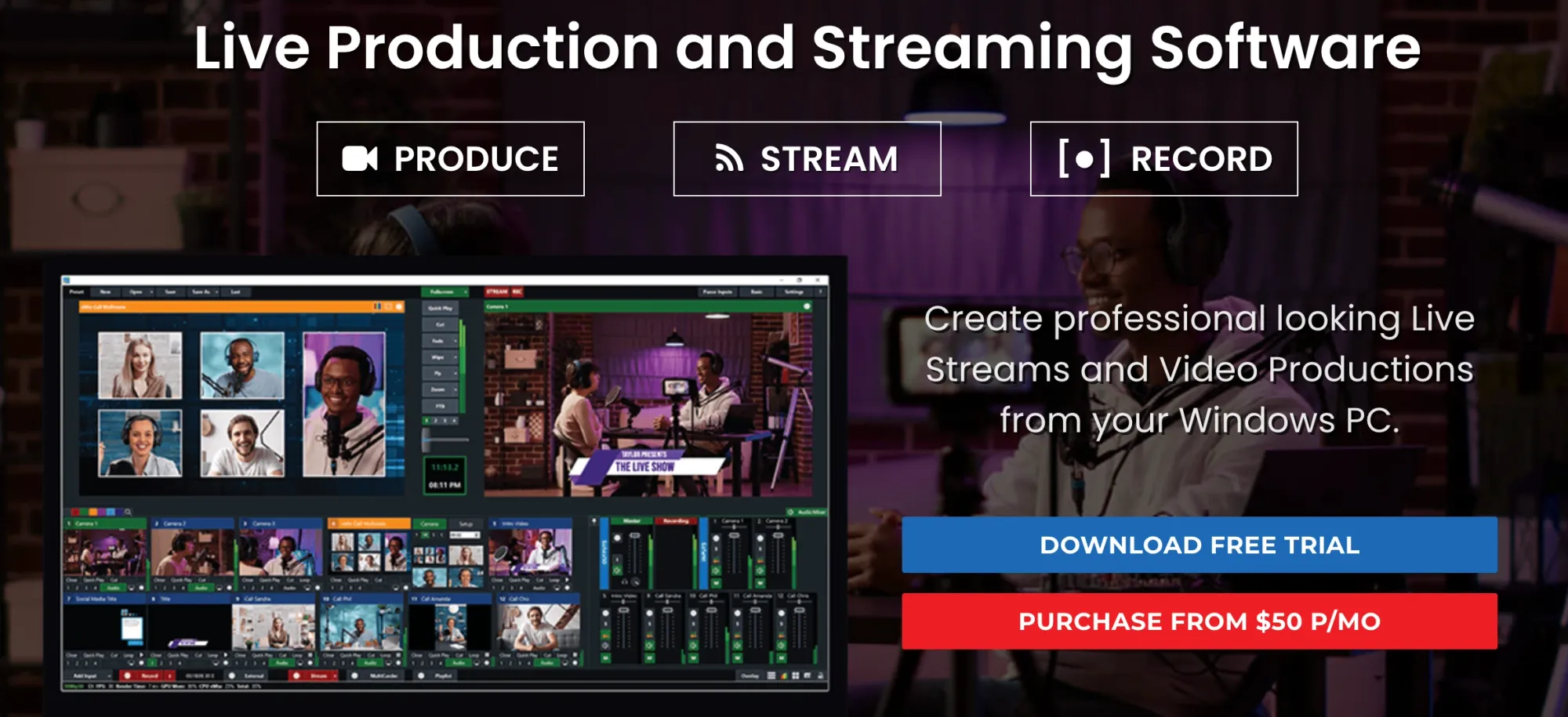 Preview of vMix’s live production suite interface, offering advanced controls for multi-camera live streaming setups