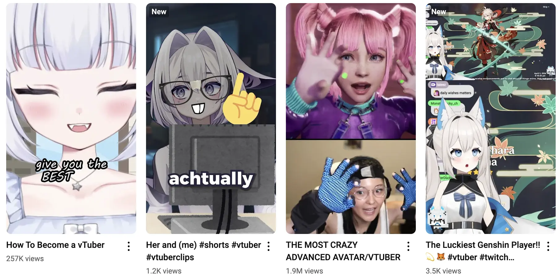 YouTube thumbnails for VTuber videos, displaying animated characters, gaming setups, and advanced virtual avatars.