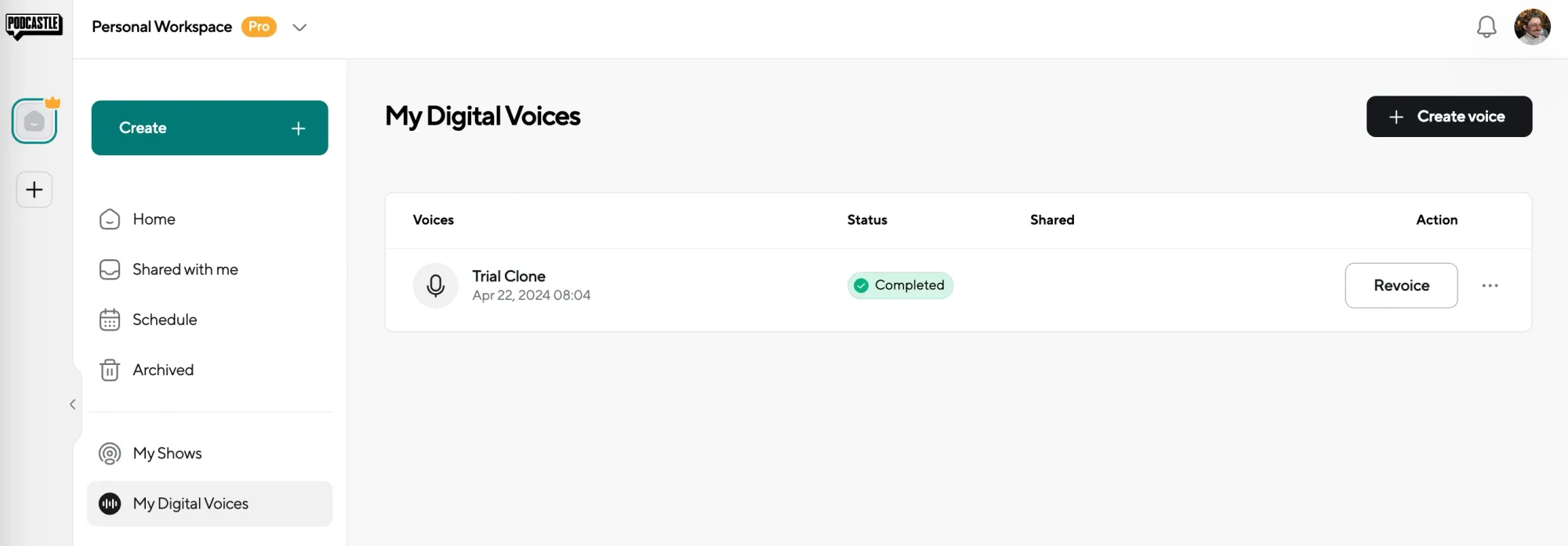 Completed digital voice clone under the My Digital Voices section on Podcastle