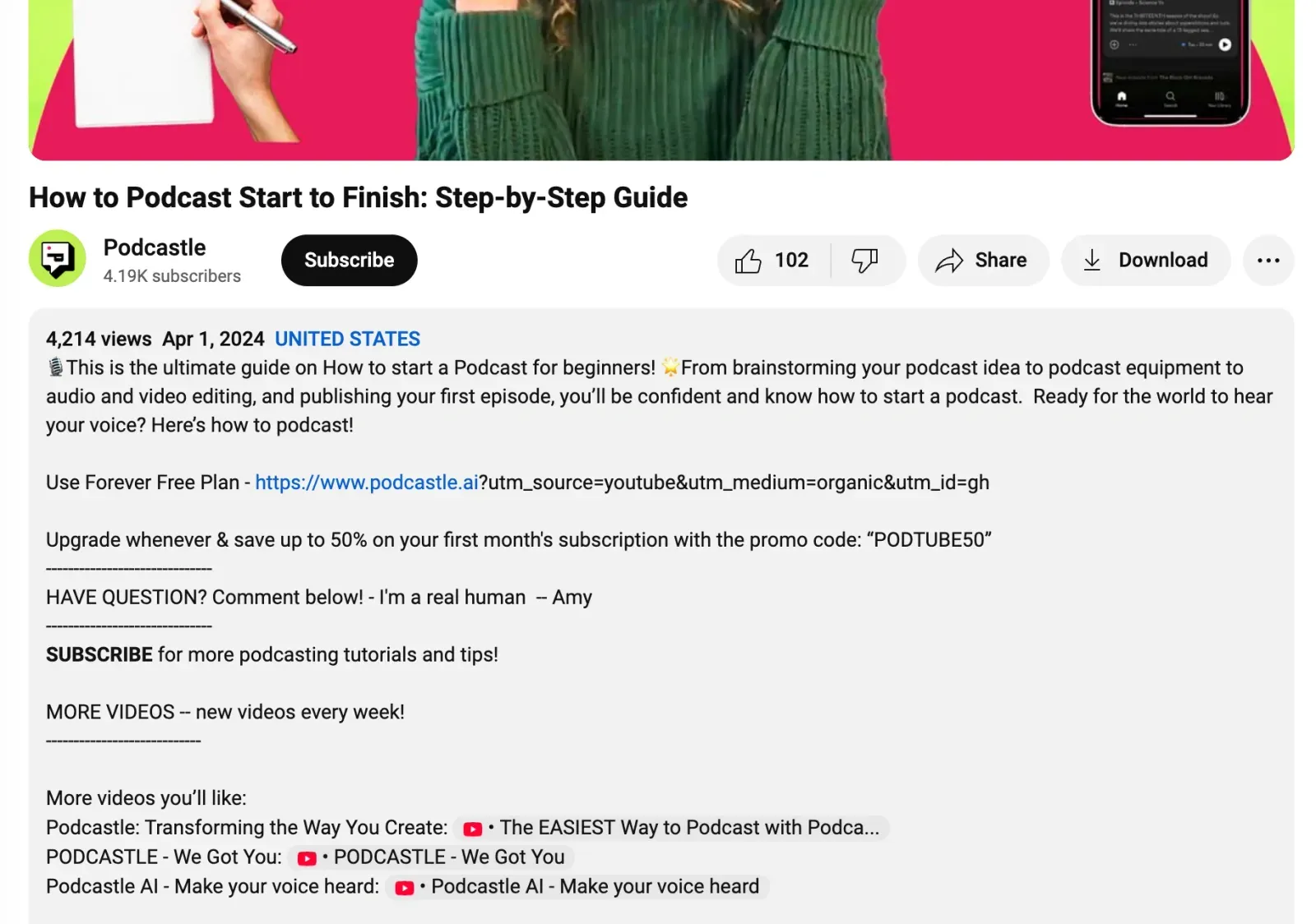 Example of a detailed YouTube video description by Podcastle, highlighting video chapters, creator tools, and hashtags for content reach.